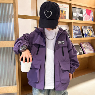 Boys' Autumn Dress Western Style Purple Work Coat 2024 New Children's Hooded Charge Clothes Cool Handsome Spring and Autumn Fashion Brand