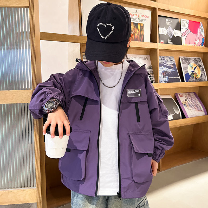 Boys autumn clothes fashionable purple work jacket 2024 new children's hooded jacket cool spring and autumn style trendy brand