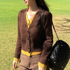 韩系撞色v领假两件针织开衫外套女秋冬外穿奶fufu设计感短款上衣