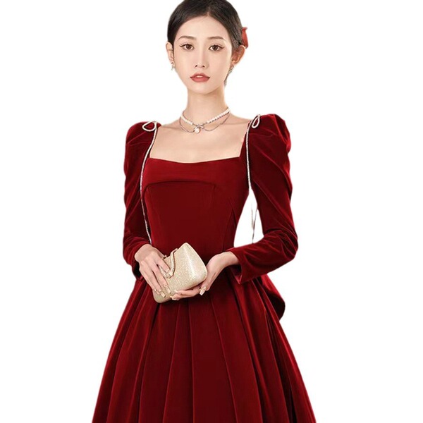 Burgundy velvet evening dress