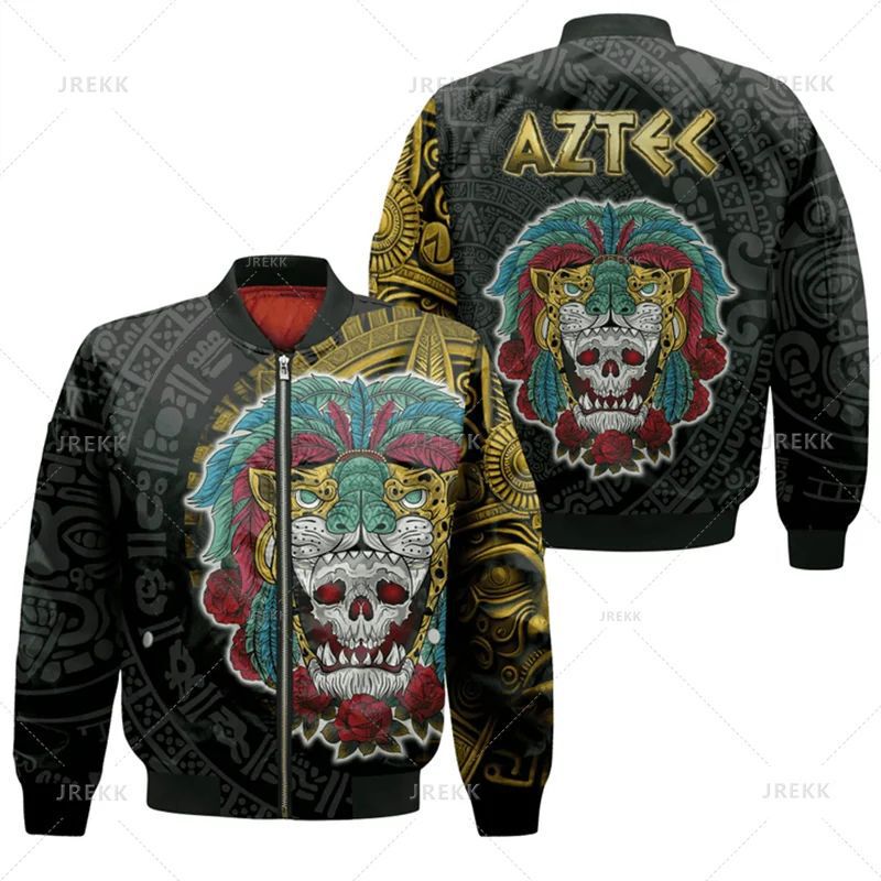 Harajuku 3D Mexican Skull Aztec Warrior Flower Jacket Badge Pattern Jacket Men Long Sleeve Clothes