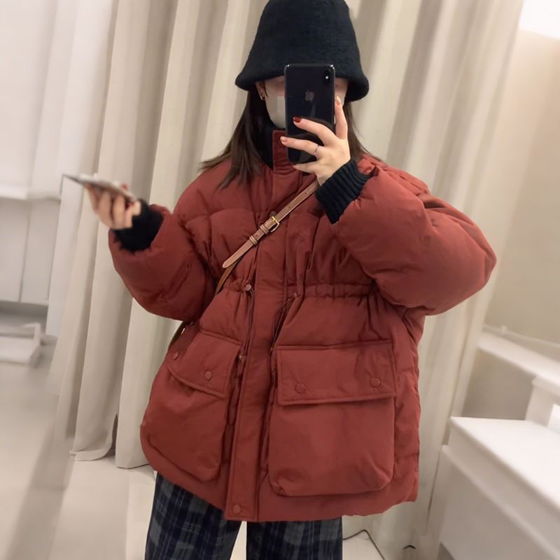 韩版潮流羽绒棉衣外套女2024冬季新款撞色针织立领中长款收袖上衣