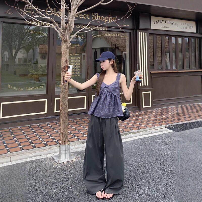 甜美减龄蝴蝶结碎花娃娃衫吊带上衣女夏季高腰系带工装休闲裤套装|undefined