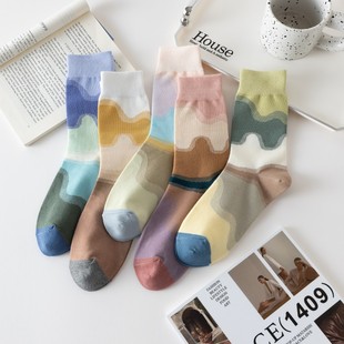 Socks Cotton Girls Mid-calf Socks Contrasting Color Stitching Oil Painting ins Trendy Morandi Gradient Preppy Style Cotton Socks
