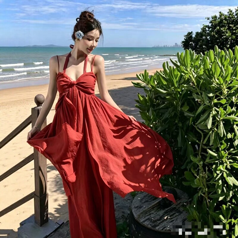 French-Style Seaside Vacation Halter Neck Strap Dress for Women, Summer Elegant Beach Long Dress, Solid Color, Flowing and Slimming A-Line Dress French-Style Seaside Vacation Halter Neck Strap Dress for Women, Summer Elegant Beach Long Dress, Solid Color, Flowing and Slimming A-Line Dress
