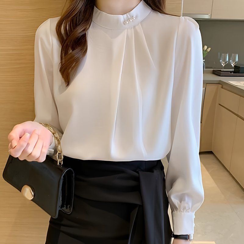 White Fashionable Women's Shirt, Autumn 2026 New Style, Professional Chiffon Blouse, Stylish Loose Fit, Slimming Long-Sleeve Top White Fashionable Women's Shirt, Autumn 2026 New Style, Professional Chiffon Blouse, Stylish Loose Fit, Slimming Long-Sleeve Top