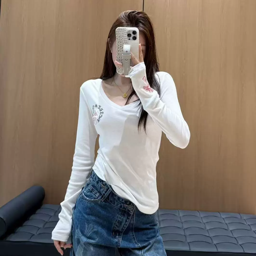 性感纯欲风修身长袖t恤秋季新品显身材上衣内搭南油女V领打底衫