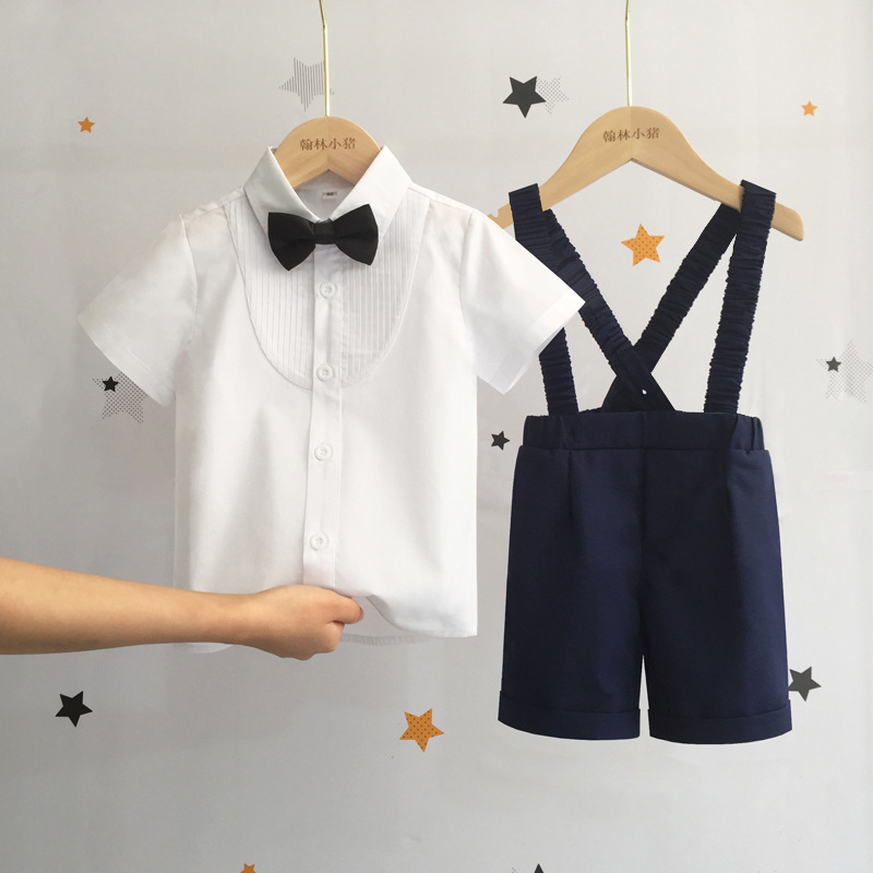 兒童背帶褲套裝夏季男童西裝寶寶周歲演出兒童禮服嬰幼兒小童服裝