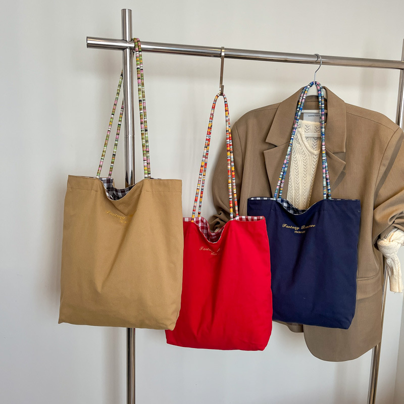 Bolso de lona a cuadros de doble cara estadounidense bolso de desplazamiento femenino bolso especial retro bolso de mano de color de choque de primavera nuevo bolso padre - hijo