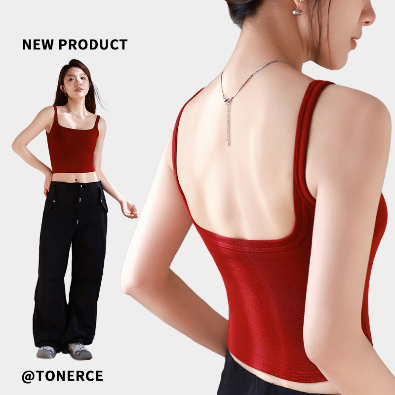 Red Beautiful Back Underwear Sling Bra One-piece Summer Outer Wear with Chest Pad Sleeveless Vest Inner Base Top Women