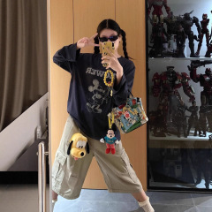 Flower小红花卡通印花长袖圆领Tee女慵懒宽松减龄休闲藏青色上衣