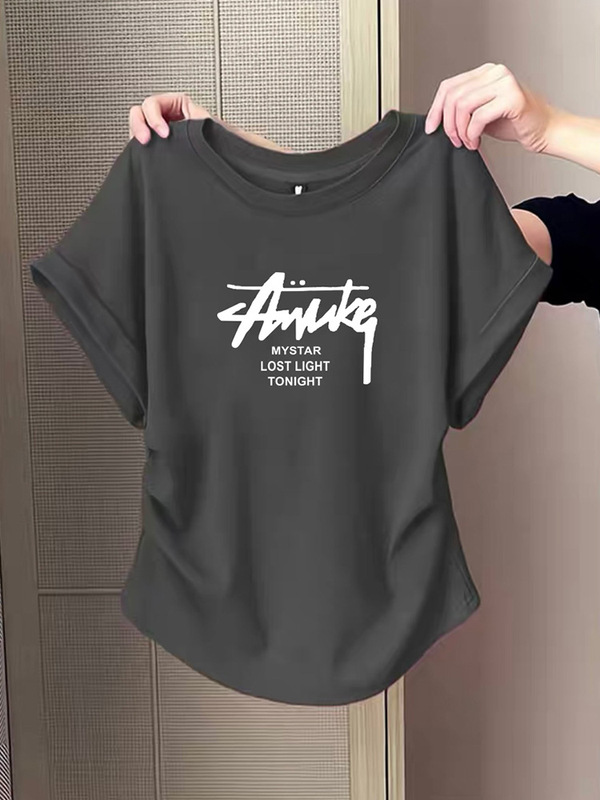 デザインされた小さなフライングスリーブ右肩ピュアコットン半袖Tシャツ女性用2025夏の新しい不規則なプリーツウエストトップ|undefined
