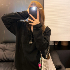 091701 秋季新款男女圆领日常休闲百搭纯色刺绣胸前口袋上衣长袖