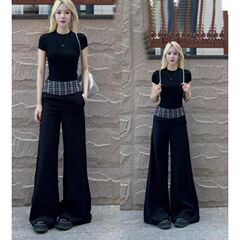 女性用スーツ 2025 春 ピュア セクシー ホットガール スリム 半袖 シャツ トップ ハイウエスト スリム ワイドレッグ パンツ 2点セット