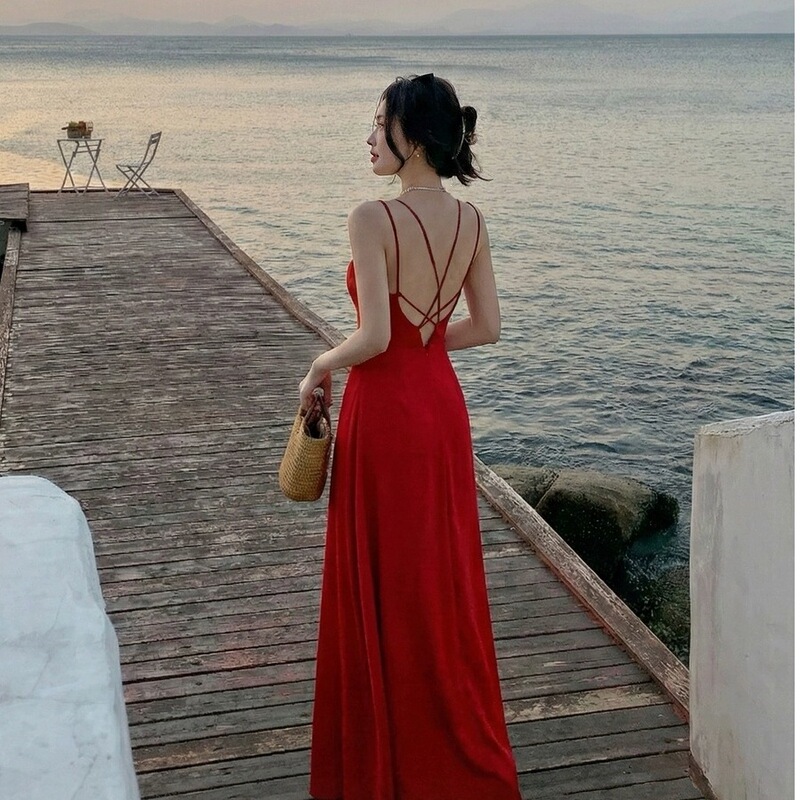 Sanya Travel Vacation Photoshoot Seaside Red Beach Dress 2026 Summer Backless Long Dress Spaghetti Strap Dress Women's Dress Sanya Travel Vacation Photoshoot Seaside Red Beach Dress 2026 Summer Backless Long Dress Spaghetti Strap Dress Women's Dress