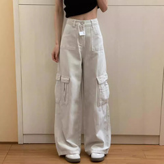 砂の白い広脚のデニムの工装のズボンの女性の秋の新型のアメリカのレトロでゆったりしています。