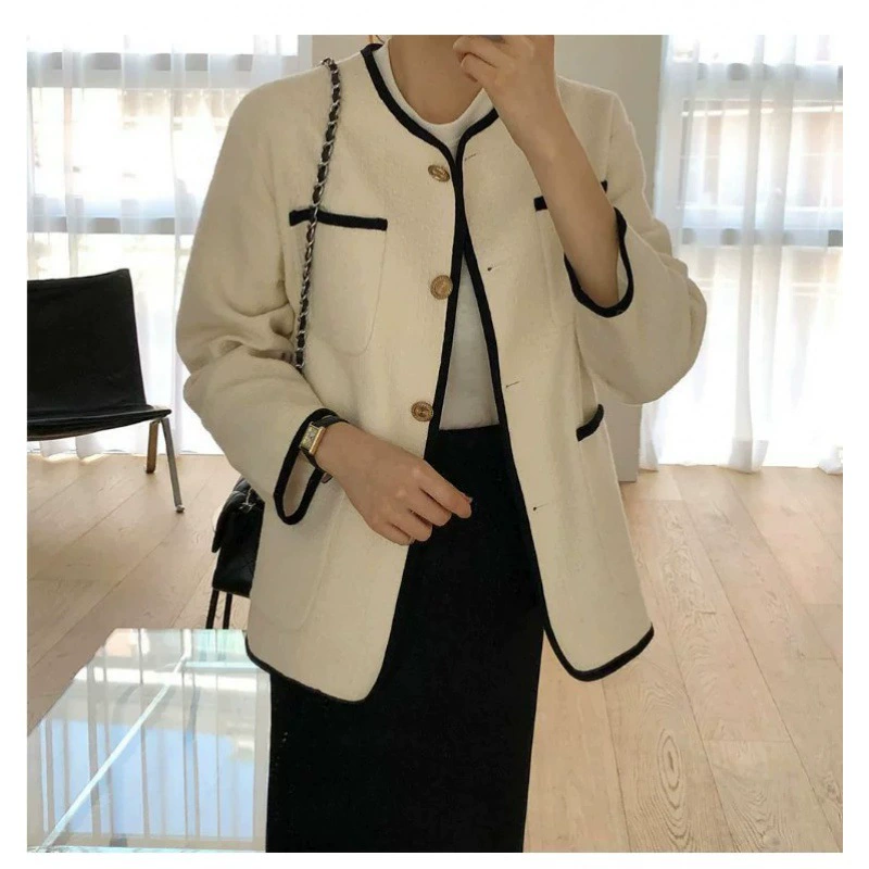 Демисезонная куртка с лентой и круглым воротником,coat, корейский стиль, стиль Chanel, свободный крой