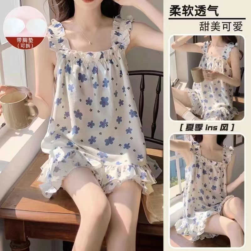 Al por mayor transfronterizo espuma con cojín de pecho pijamas de mujer pantalones cortos de cabina de verano nuevos dibujos animados ropa casera casera