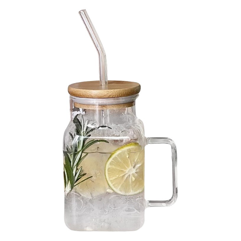 Fábrica al por mayor de vidrio de paja ins estilo hogar borosilicato con mango marca taza de agua de gran capacidad con tapa taza