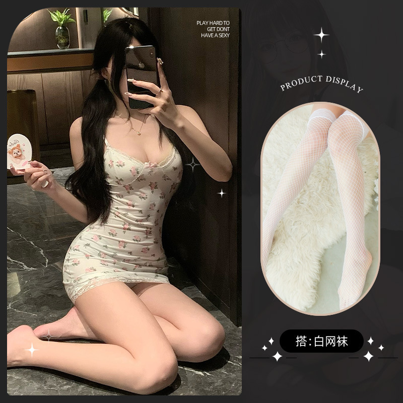 작은 꽃무늬 [가슴 패드 없음] + 흰색 망사 스타킹