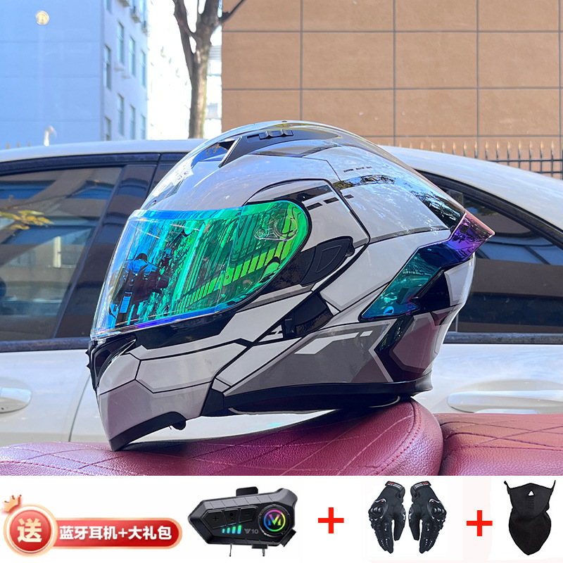 Casco de exposición Orz para hombres y mujeres invierno Doble espejo coche eléctrico semi-Casco completo cola de color coche deportivo ranura Bluetooth cuatro estaciones casco