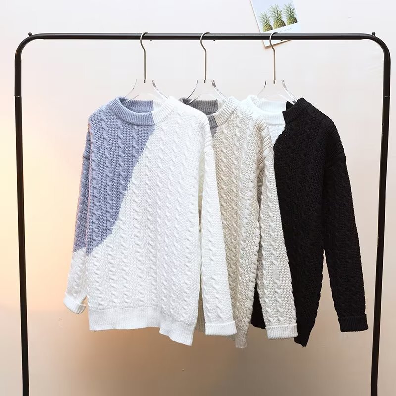 2023 Winter new youth fashion stitching contrast color high-grade long sleeve round neck sweater men's loose top