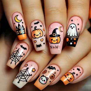 European and American Halloween Mid-Length European Square Manicure Patches Pink Pumpkin Ghost Spider Web Pattern Fake Nail Patches