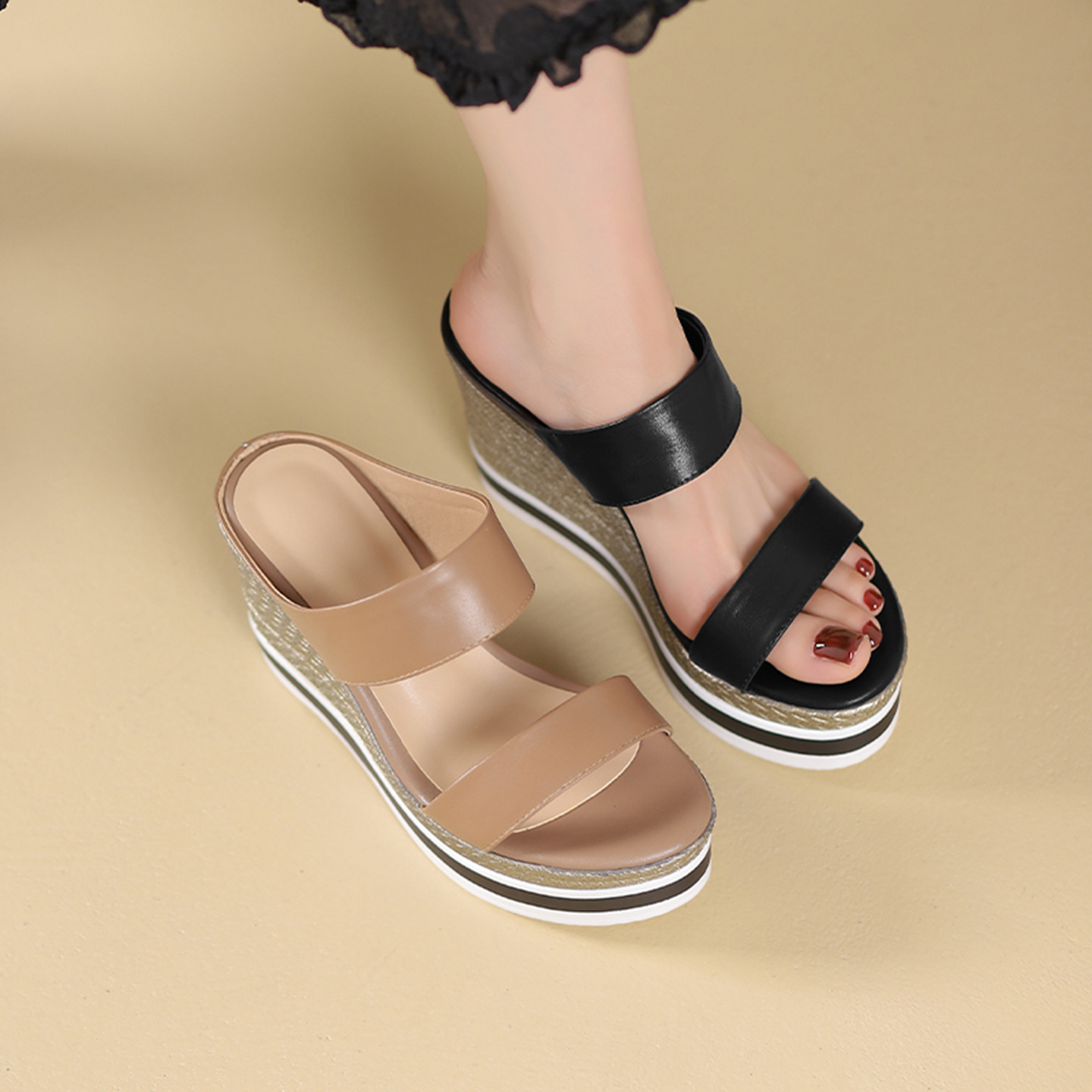 Sandal cao gót nữ đế xuồng 10 cm, hở mũi, phong cách mùa hè — đen