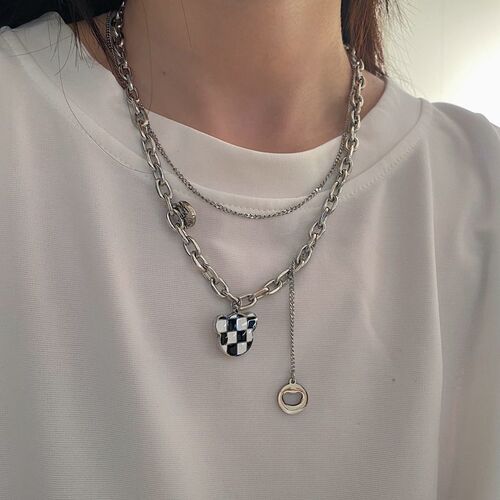 Korean Version Ins Trendy Titanium Steel Heart Pearl Necklace for Women Cool Style Versatile Clavicle Chain Unique Design Sister Chain