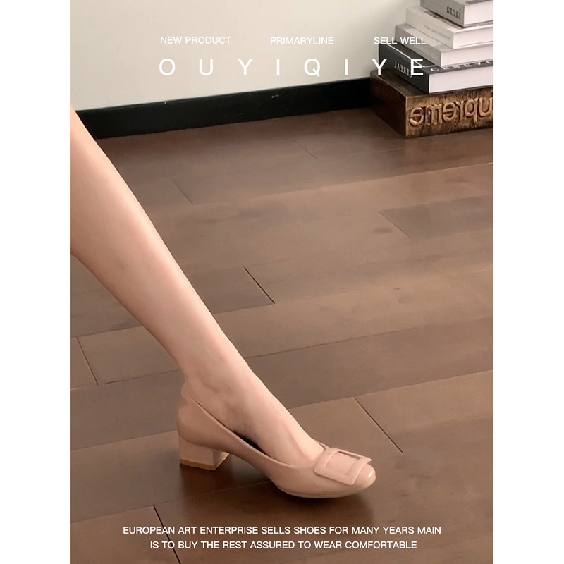 Soft Leather Version~Nude Pink Single Shoes for Women 2026 New Spring Classic Square Buckle Patent Leather Versatile Thick Heel Commuter Women's Shoes