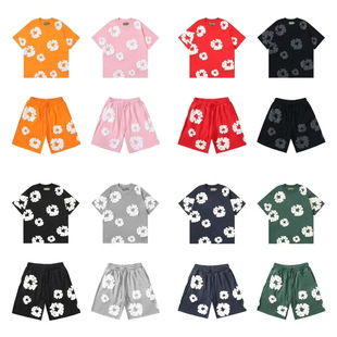 Cross-border European and American Trend Hip-hop Foam Printing Short-sleeved Casual Shorts suit Loose Sports suit in stock Hair