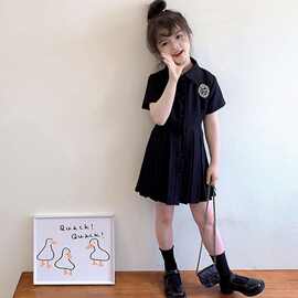 女童连衣裙夏季儿童洋气露背学院风百褶裙子小女孩JK西装领公主裙