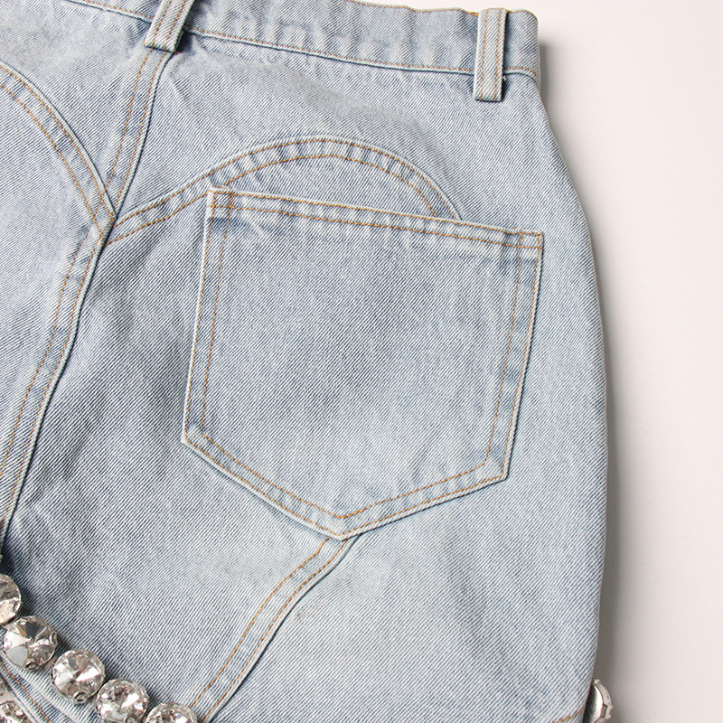 Personality Short Cropped Outfit Slimming Denim Top Hip Wrapped Skirt Diamond Embedded Denim Suit Women