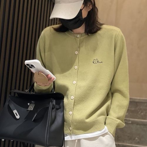 Academic Style Korean Embroidered Long-Sleeve Cable Knit Cardigan Spring New Arrival Gray Fitted Short-Sleeve Outerwear Top
