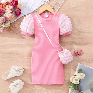 Children's lightweight bubble short sleeve round neck solid color bubble bag dress