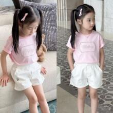 现货2026春夏新款女童套装 粉色刺绣字母T+白色刺绣短裤 清爽公主