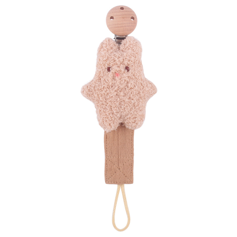 Nuevos suministros de bebé clip de chupete de haya animal de dibujos animados conejo León algodón lino con pezón cuerda chupete cadena