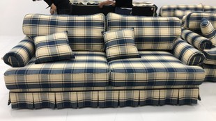 Scottish Plaid Fabric French Retro Pastoral Style Double Three-Seater Sofa