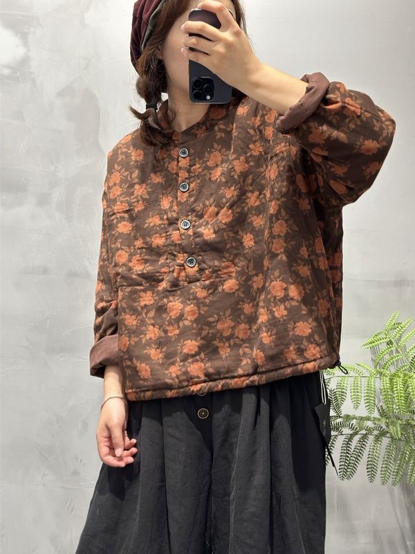 新款复古文艺宽松立领下摆抽绳保暖棉服印花棉衣女|undefined