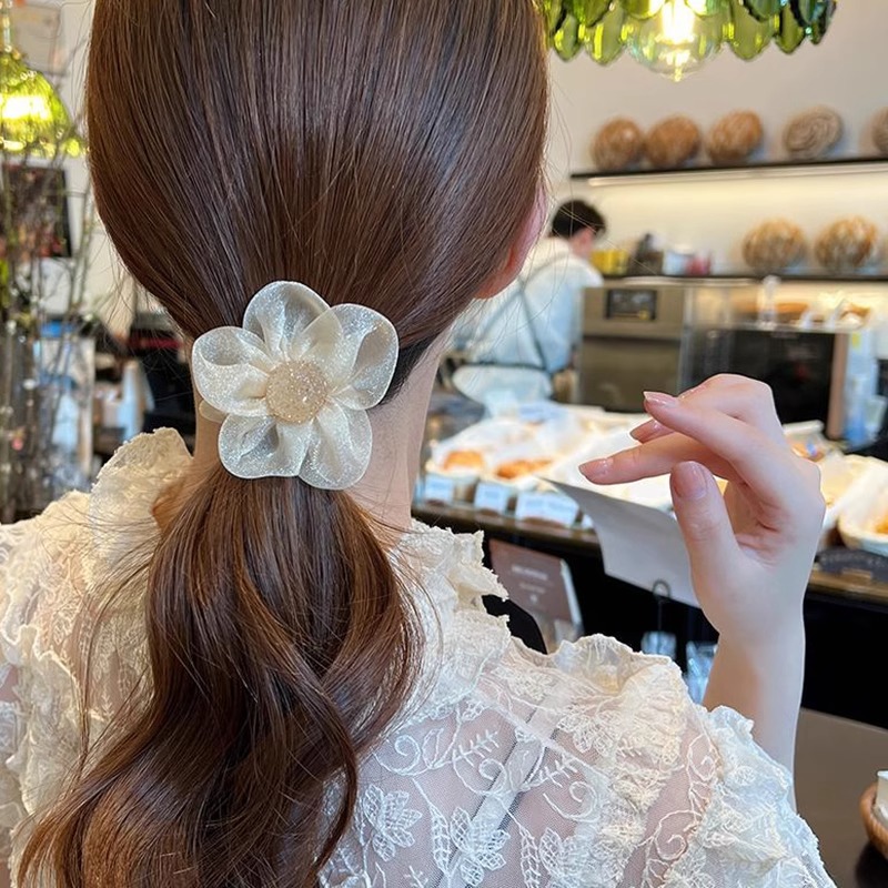 Hilo de malla coreano flor intestino grueso anillo para el cabello femenino 2025 nuevo estilo de alta gama baja cola de caballo cuerda para el cabello cuerda para el cabello accesorios para el cabello