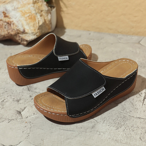 Women's Cross-border Large Size Thick Sole Casual Slippers 2025 New Wide Strap Simple Fashion Fish Mouth Sloped Sole Slippers