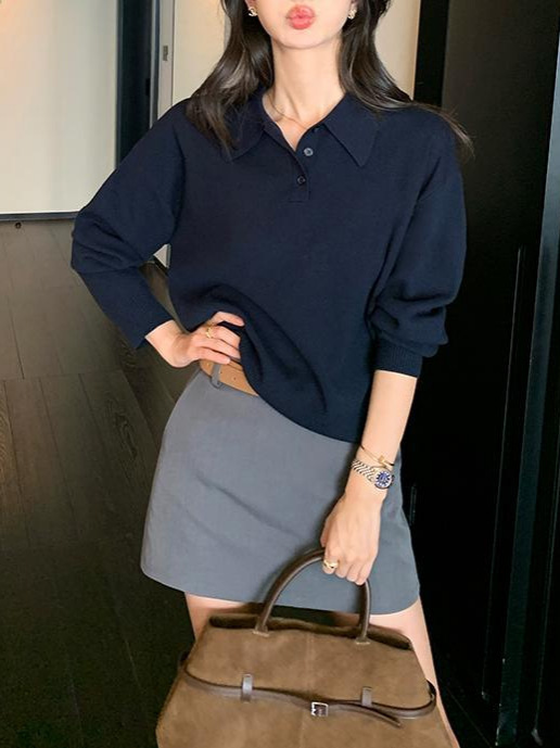 pusuemde 慵懒基因 polo领套头毛衣女秋季宽松慵懒长袖针织衫上衣|undefined