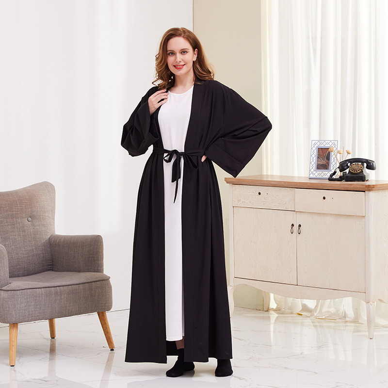 Muslim Cardigan Robe For Women Solid Colour Tie-up Dubai Style_voghion.com