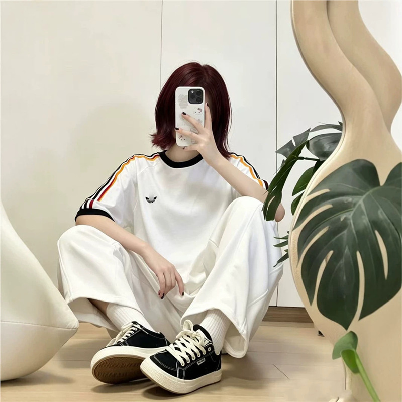 Cross-Border Clover Embroidery Round Neck Short-Sleeved T-Shirt for Men and Women, Summer Fashion Casual Sports Color-Blocked Top