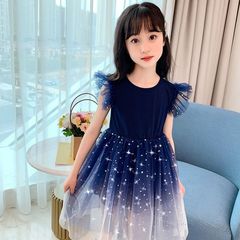 New 2024 Summer Outfit for Girls, Stylish Starry Sky Gradient Short-Sleeve Princess Dress with Tulle Skirt for Children