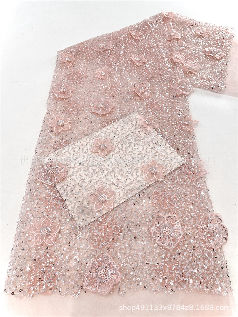 Moda full sequinilla tubo de perlas bordado tela de encaje estereoscópico mano calcomanías tela de vestido de boda alta fijación