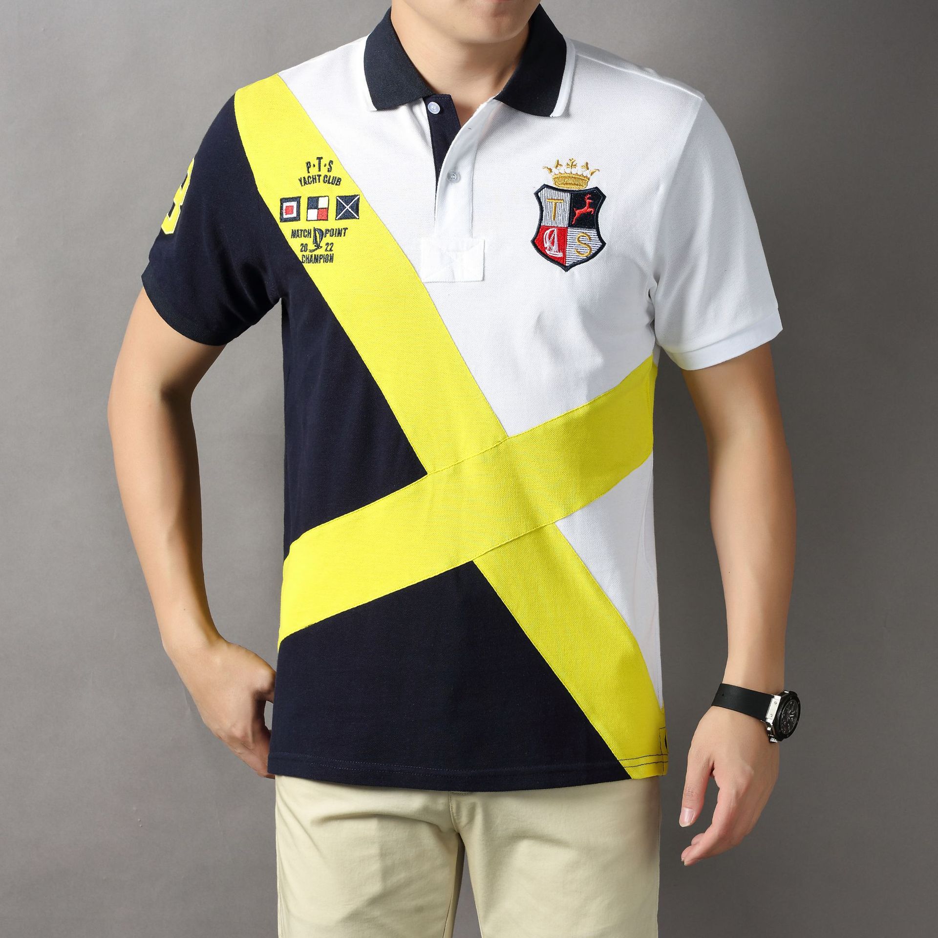 Polo uomo cotone maniche corte color-block di alta qualità_voghion.com