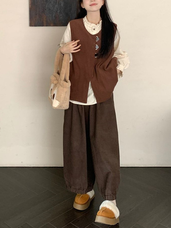 大码女装时尚潮阔腿裤胖妹妹复古衬衣灯芯绒马甲灯笼裤时尚三件套|undefined