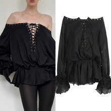 欧美性感辣妹一字领纯色高级感抽绳短裙2025新款宽松腰连衣裙女冬