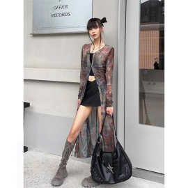 跨境外贸专供一件代发防晒开衫网纱复古油画印花长款外套工厂直销